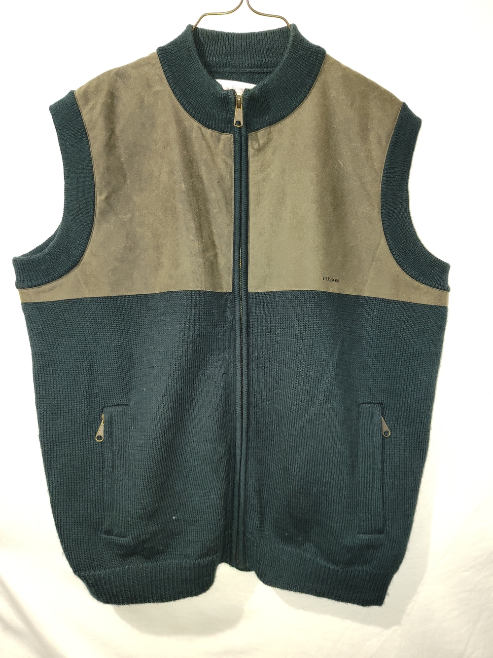 Filson Dark Green Knit Zip Vest with Olive Suede Yoke